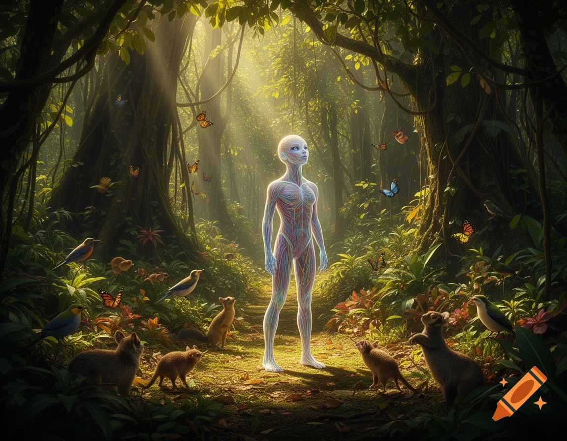 A luminescent humanoid figure with visible musculature stands in a lush, sun-drenched jungle surrounded by various animals and colorful butterflies.