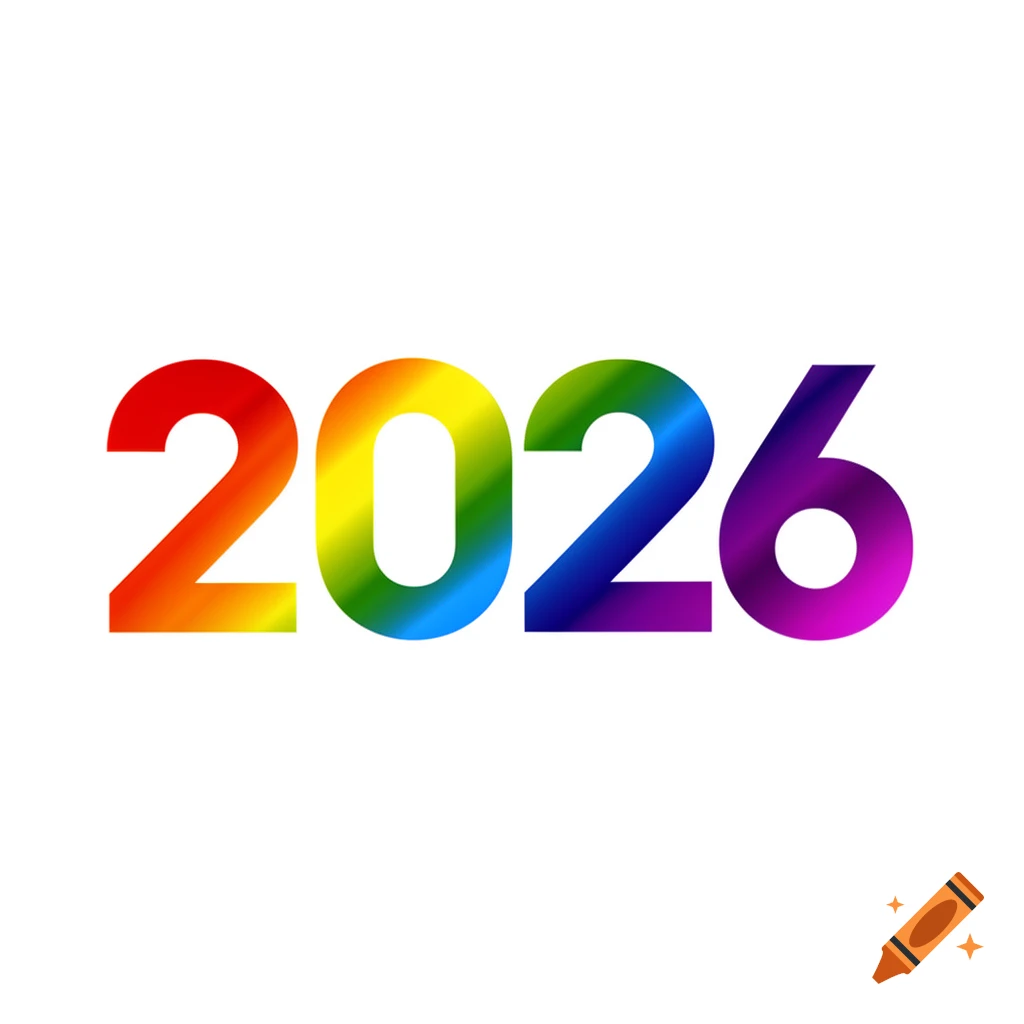 The numbers 2026 are displayed in rainbow gradient colors against a white background.