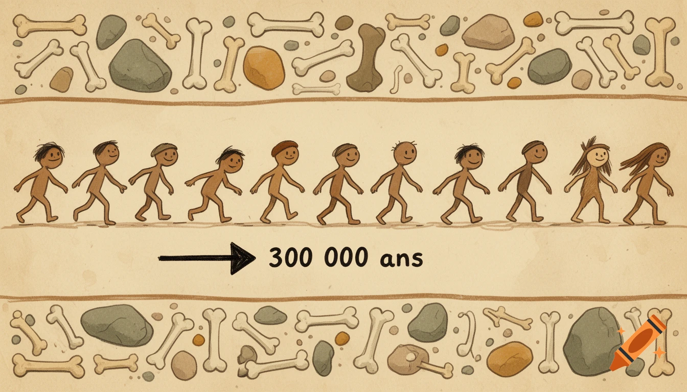 Naive illustration of a timeline with ten walking prehistoric figures, an arrow, and text "300 000 ans", bordered by bones and rocks.