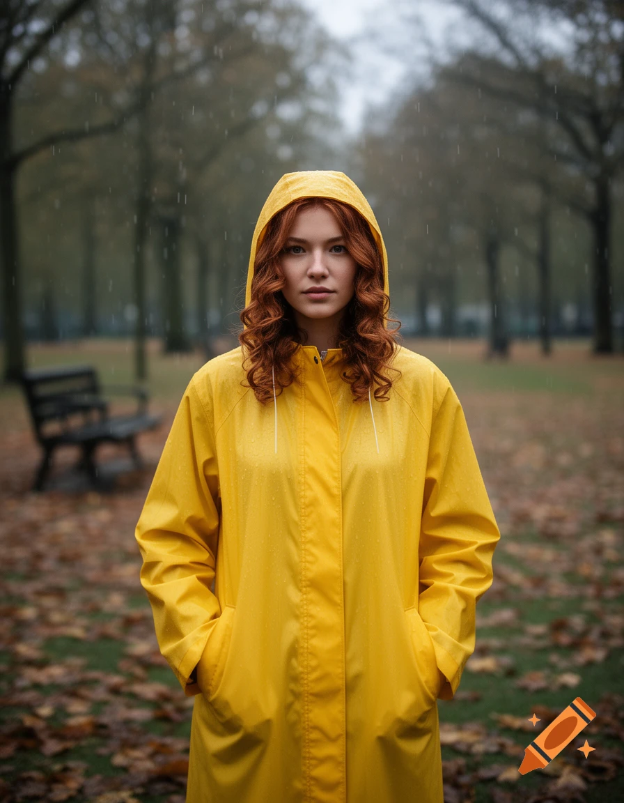 A young woman with red curly hair wears a yellow raincoat and hood, standing in a rainy park with fallen leaves.
