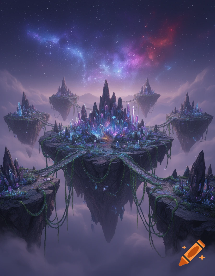 Floating crystal islands covered in glowing formations and vines, against a cosmic sky filled with nebulae, in a fantasy setting.