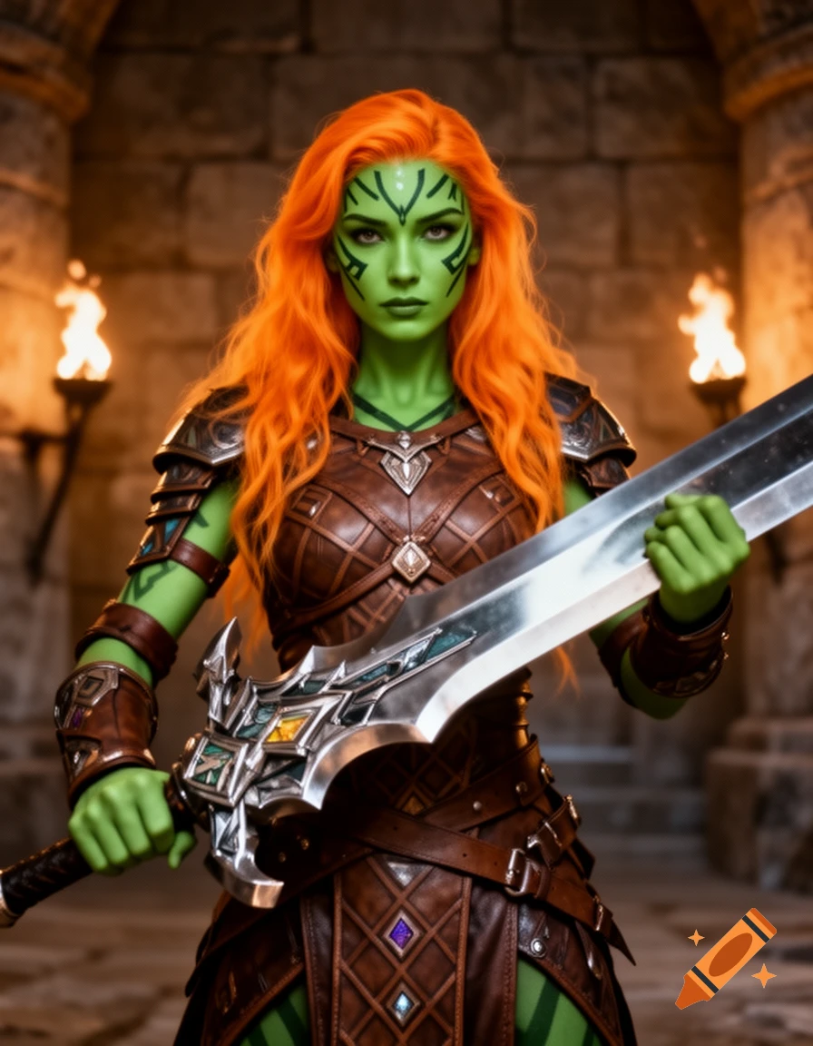 A green-skinned female githyanki warrior with orange hair and face markings wears brown leather armor, holding a greatsword in a stone dungeon.