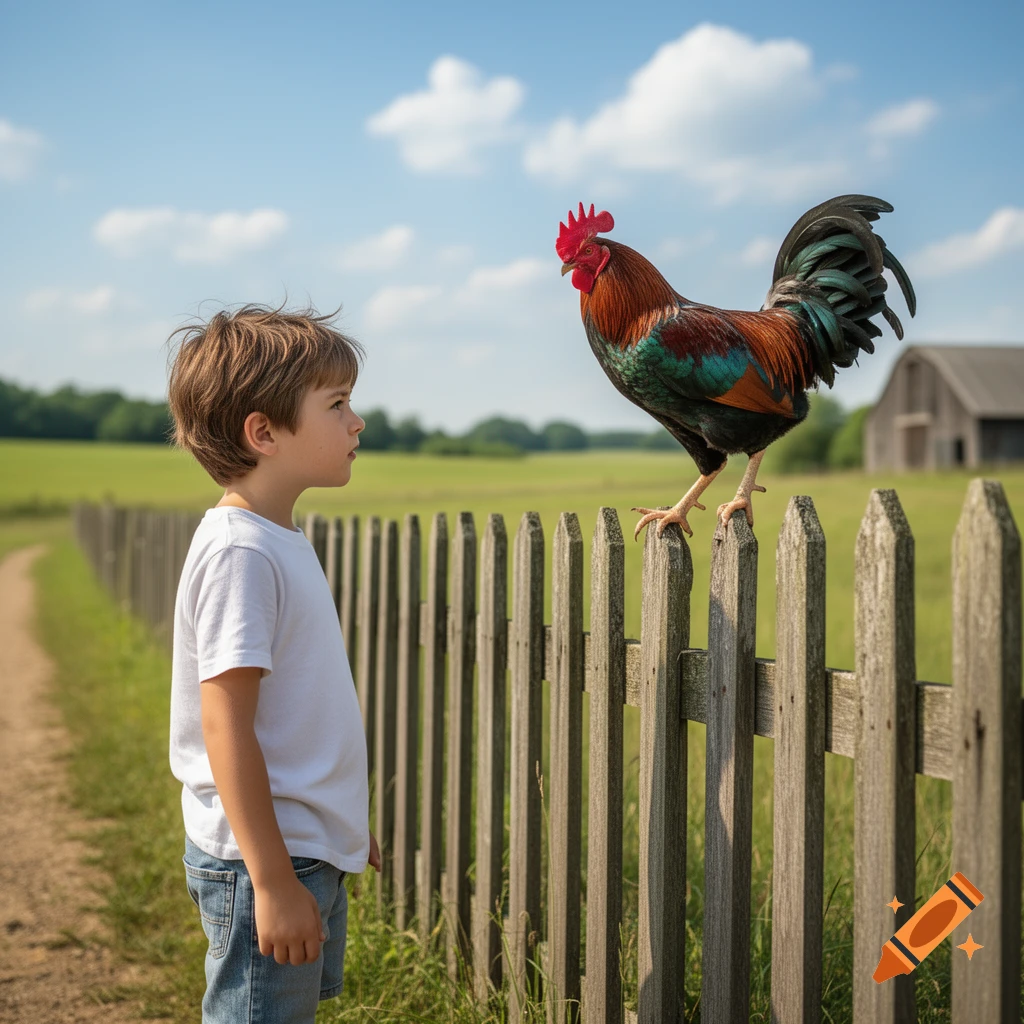 A photorealistic image of a young boy looking at a rooster perched on a wooden fence in a sunny rural field.