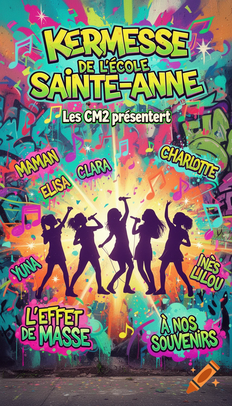 Colorful street art style poster for a school fair, with graffiti lettering for "KERMESSE DE L'ÉCOLE SAINTE-ANNE" against a vibrant urban wall. Silhouettes of five pre-teen girls sing and dance, surrounded by musical notes and confetti.