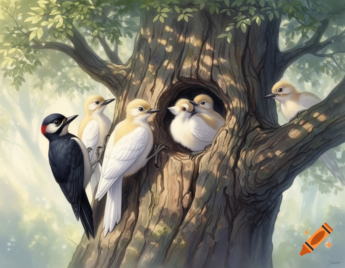 Illustrated scene of a dark woodpecker and several light-colored birds interacting around a tree hollow in a forest.