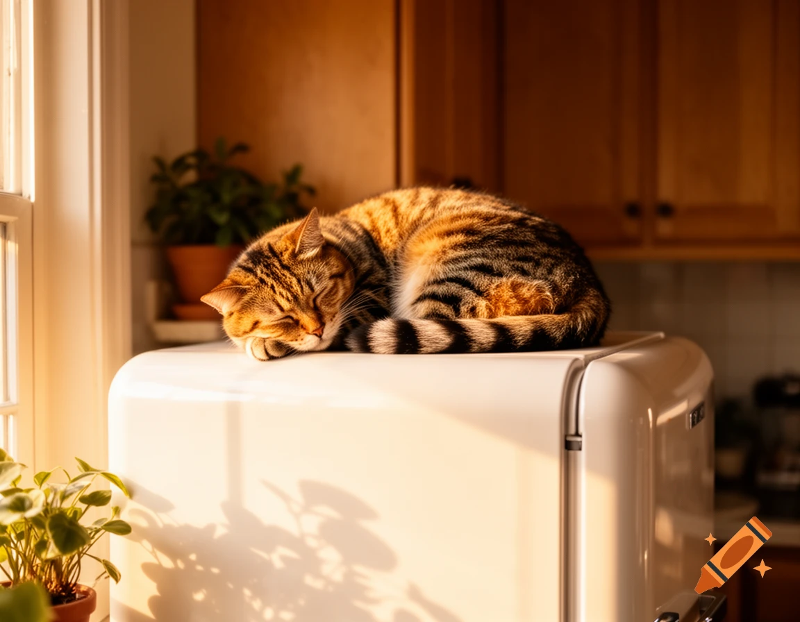 A tabby cat with closed eyes sleeps peacefully on top of a white refrigerator, bathed in warm golden sunlight.