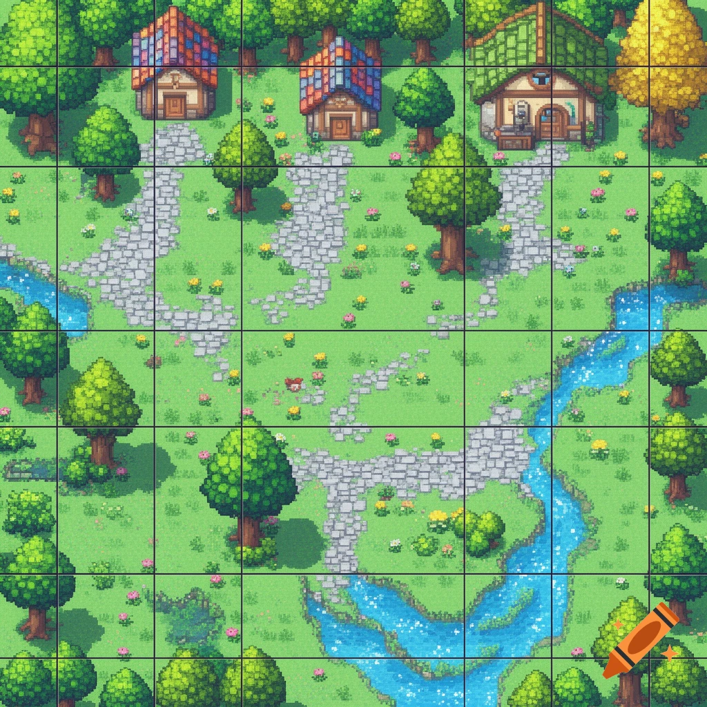 Top-down pixel art fantasy landscape with houses, trees, paths, and a river, laid out as a game map grid.