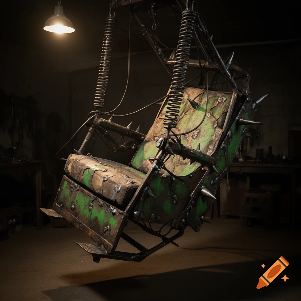 A menacing, spiked chair crafted from scrap metal and crude welding, suspended by springs in a dark, industrial workshop.
