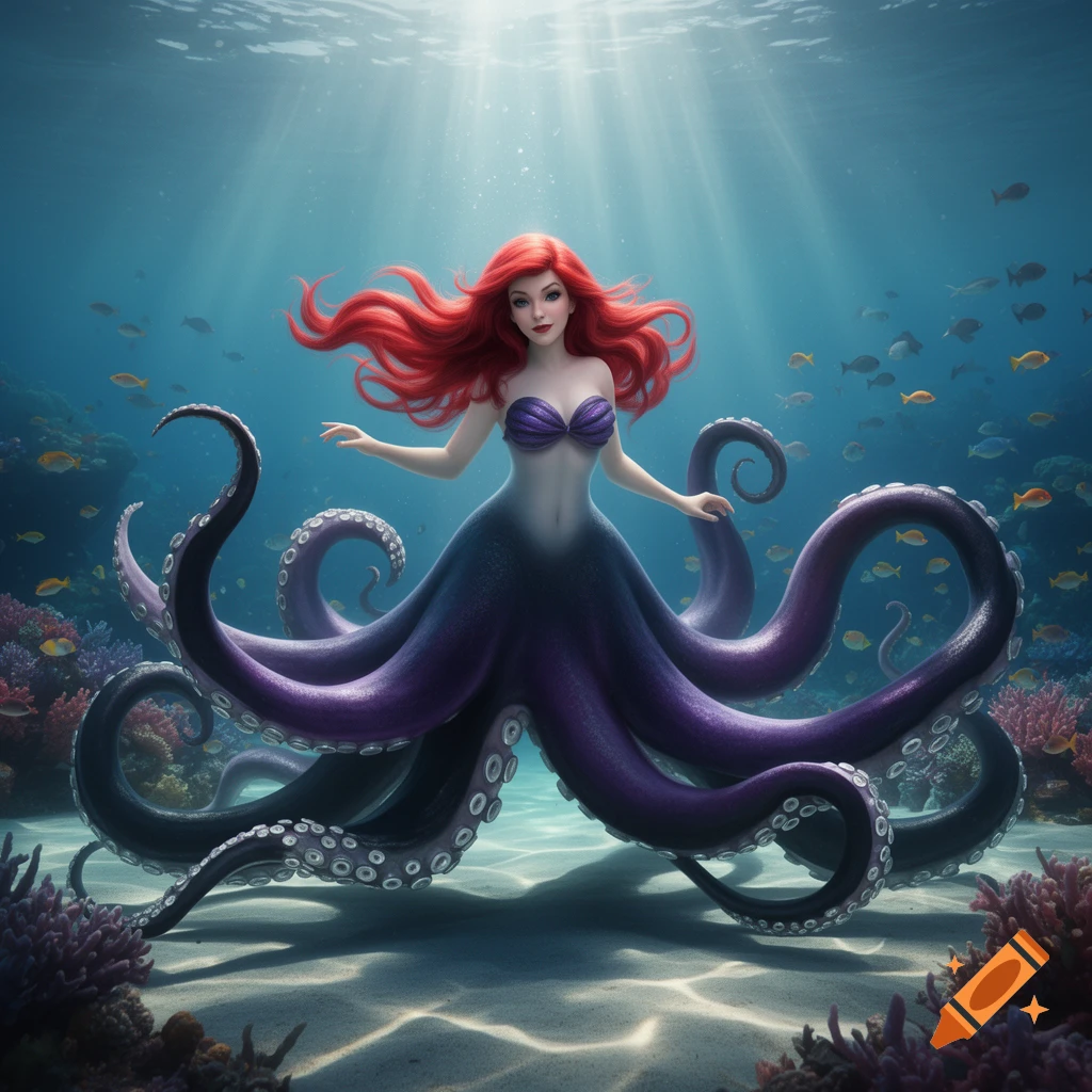 Fantasy creature with red hair, human torso, and purple octopus tentacles underwater, surrounded by coral and fish.