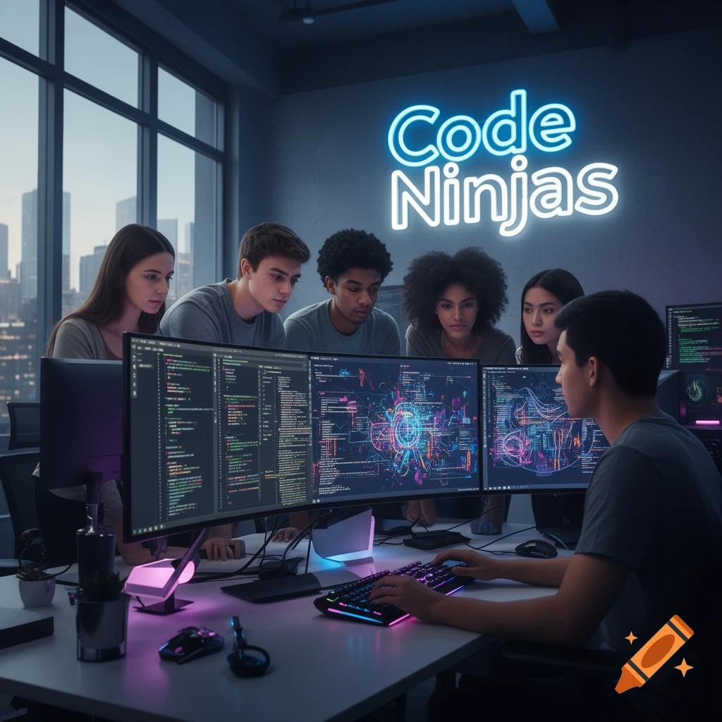 Diverse team of young adults coding on computers in a modern office with a 'Code Ninjas' neon sign.
