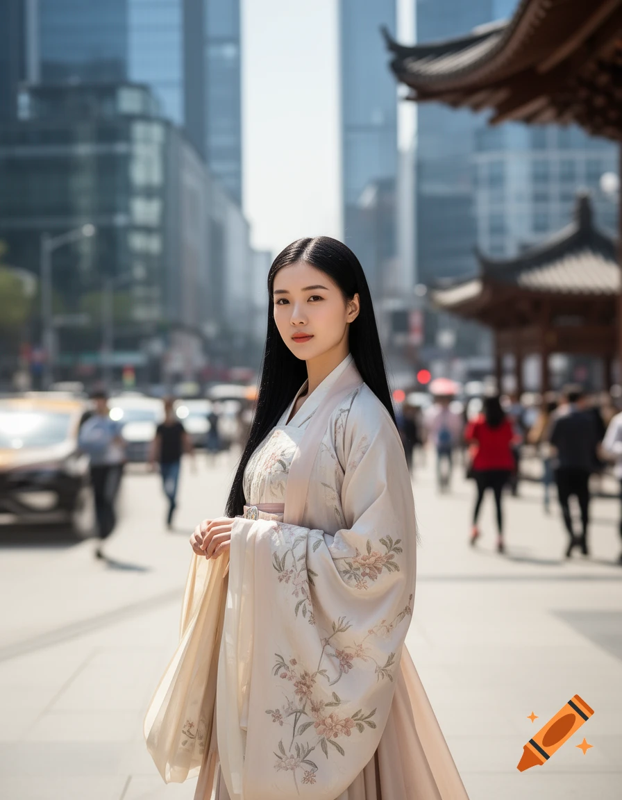 A young Asian woman in elegant traditional attire with floral patterns stands on a city street, skyscrapers and a traditional building in the background.