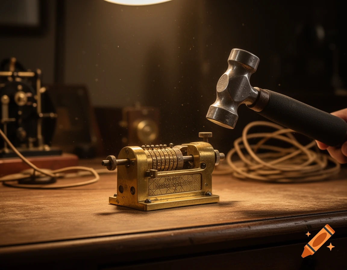 A close-up shot of a hammer about to strike a brass machine with rotating dials, sitting on a wooden desk under a warm light.