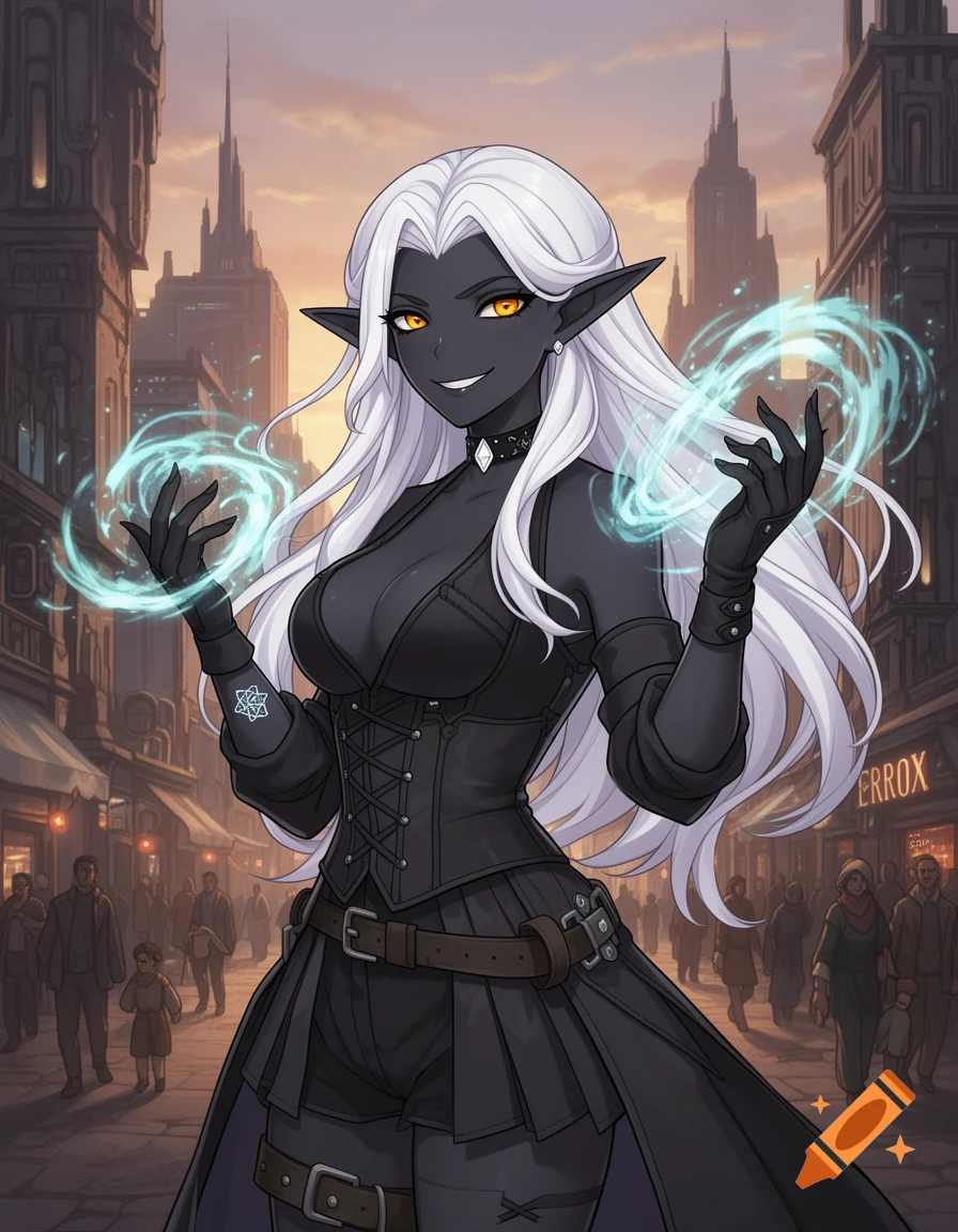 An anime-style Drow elf sorceress with white hair and obsidian skin smiles, casting magic with glowing hands in a fantasy city street.