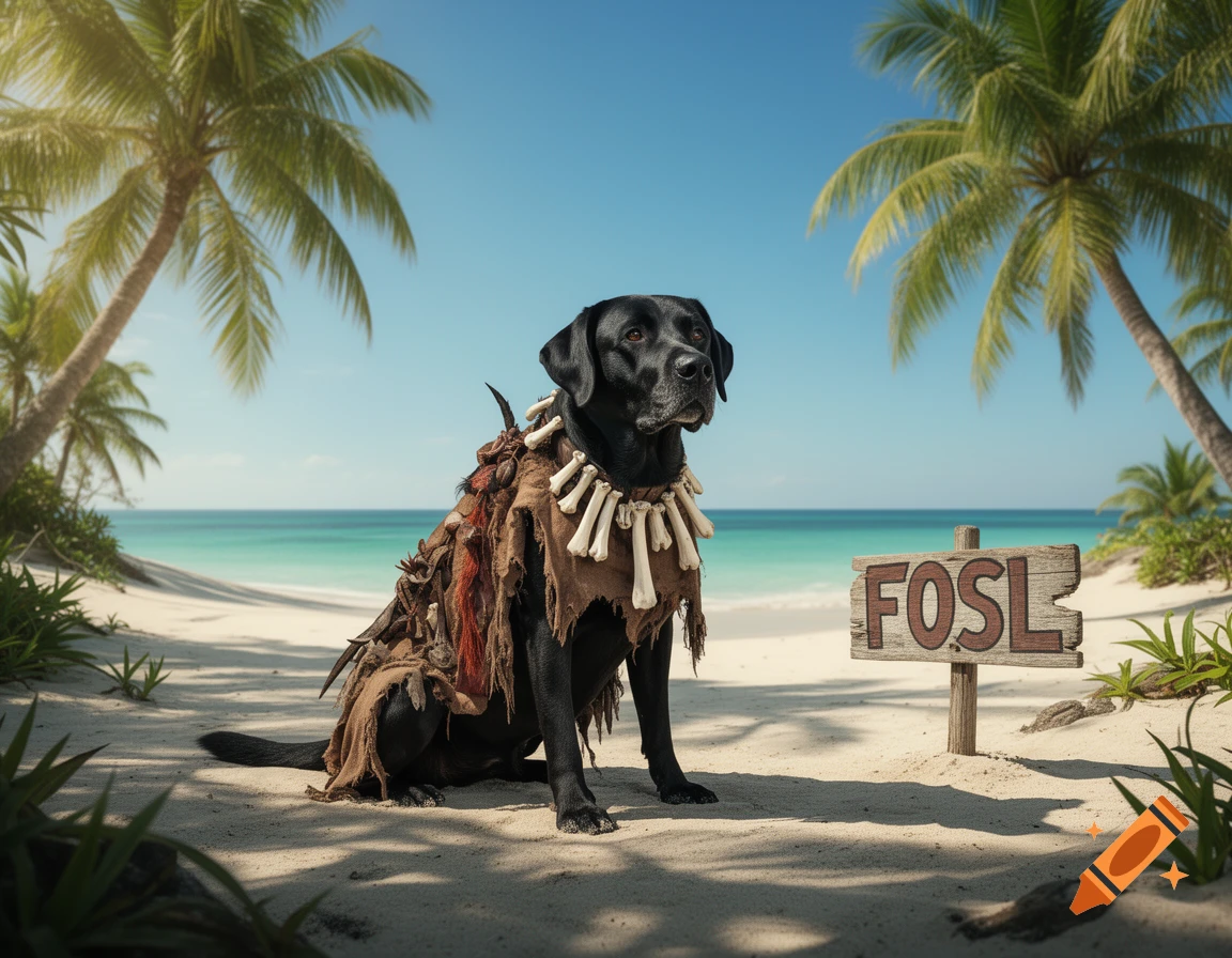 A black Labrador dog wearing a tribal-like costume with a bone necklace sits on a sandy tropical beach next to a wooden sign reading "FOSL".