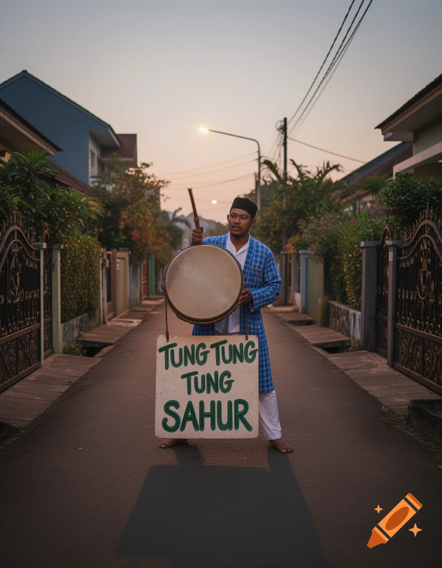 A man in a blue plaid robe and cap stands in the middle of a street at dawn, holding a drum and a sign that reads 'TUNG TUNG TUNG SAHUR'.