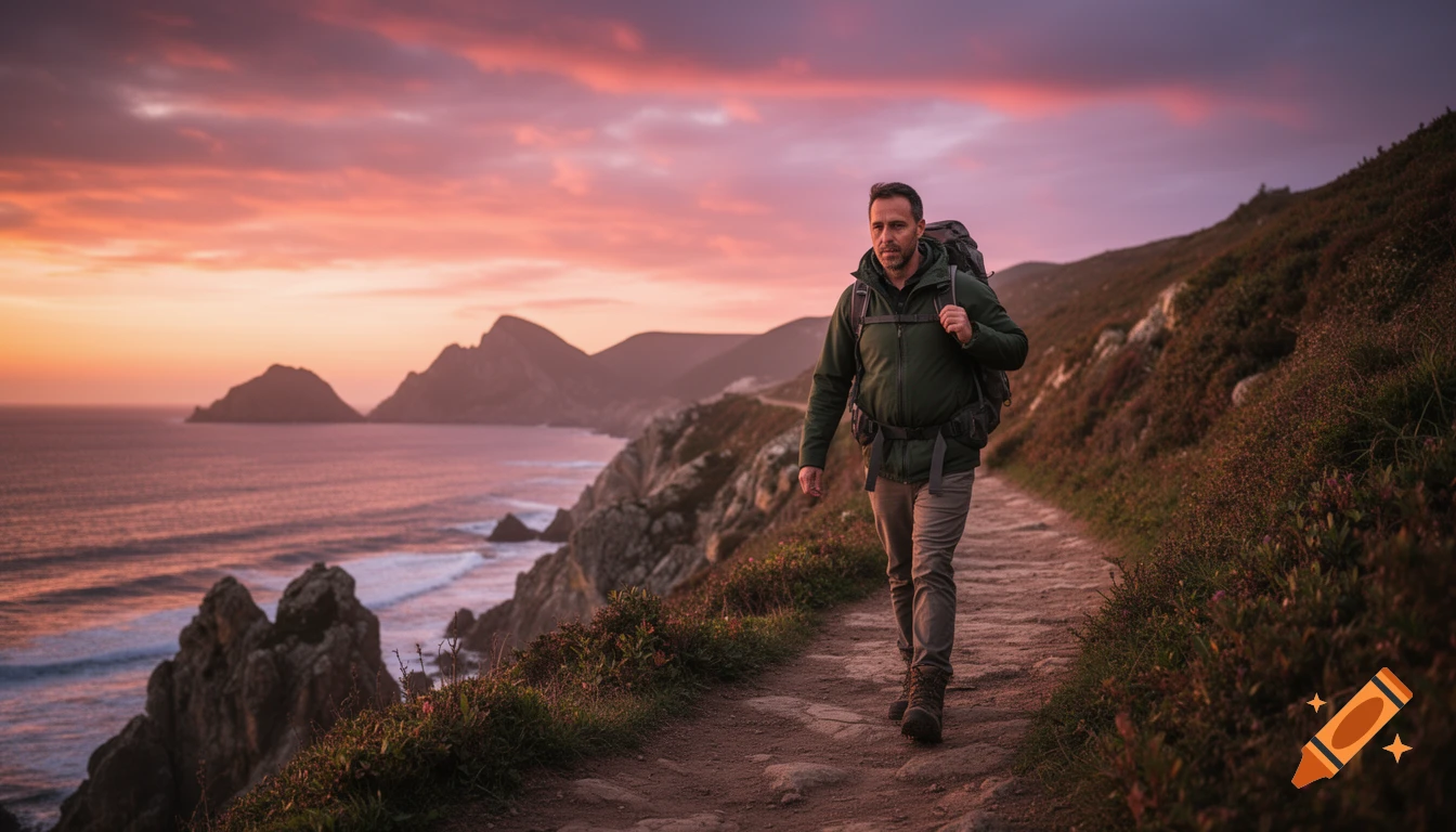 A man in hiking gear walks a coastal path at sunset with dramatic pink and orange skies over the ocean and mountains.