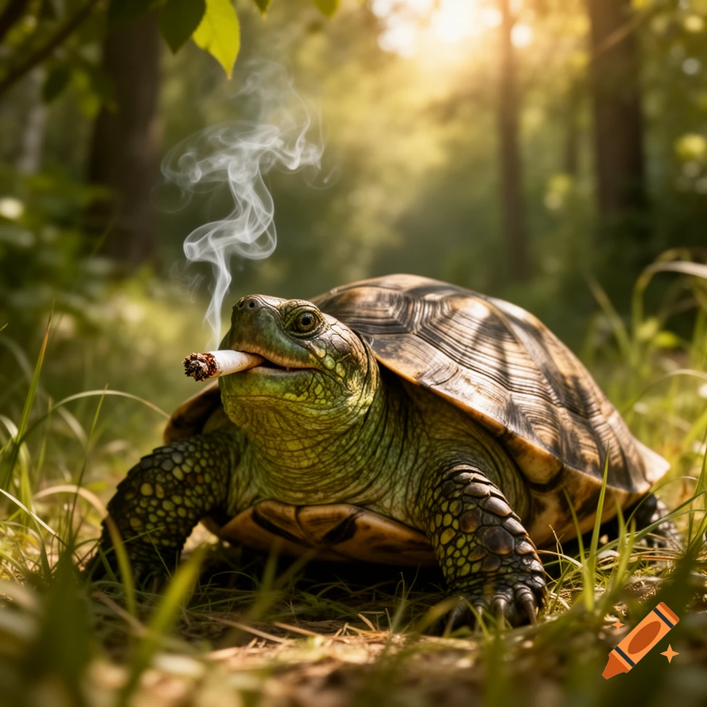 A hyperrealistic turtle sits in a forest, holding a lit joint in its mouth with smoke rising.