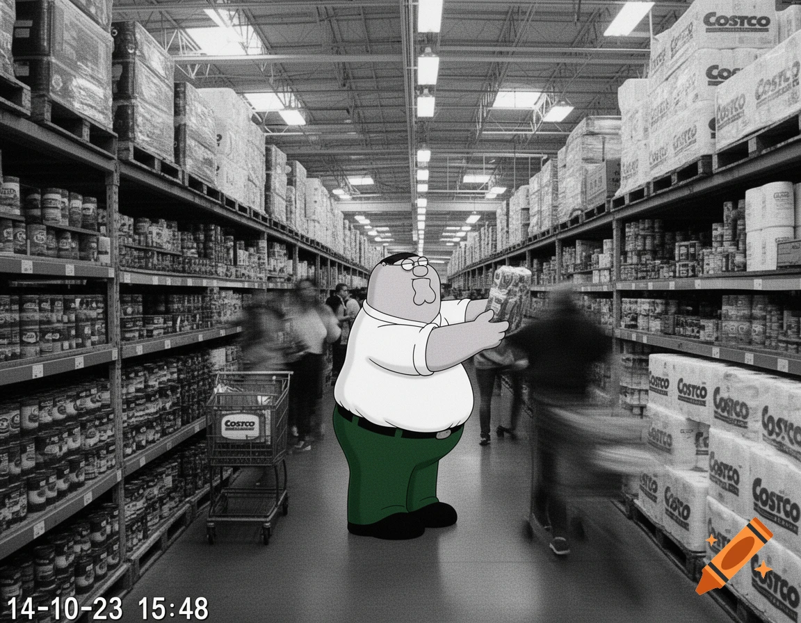 Peter Griffin, a cartoon character, shops in a black and white Costco, holding an item while motion-blurred people pass by.