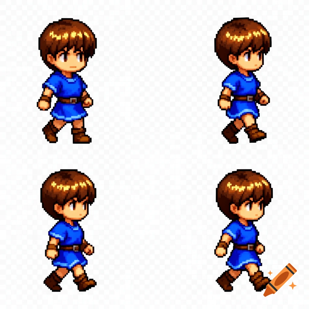 Four frames of a chibi pixel art RPG warrior with brown hair, blue tunic, brown boots, and a belt, walking right on a transparent background.