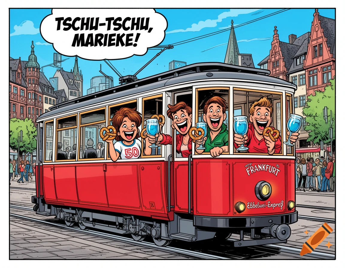 Comic of a red Frankfurt 'Ebbelwei-Expreß' tram with cheerful people holding pretzels and drinks. Text 'Tschu-Tschu, Marieke!'