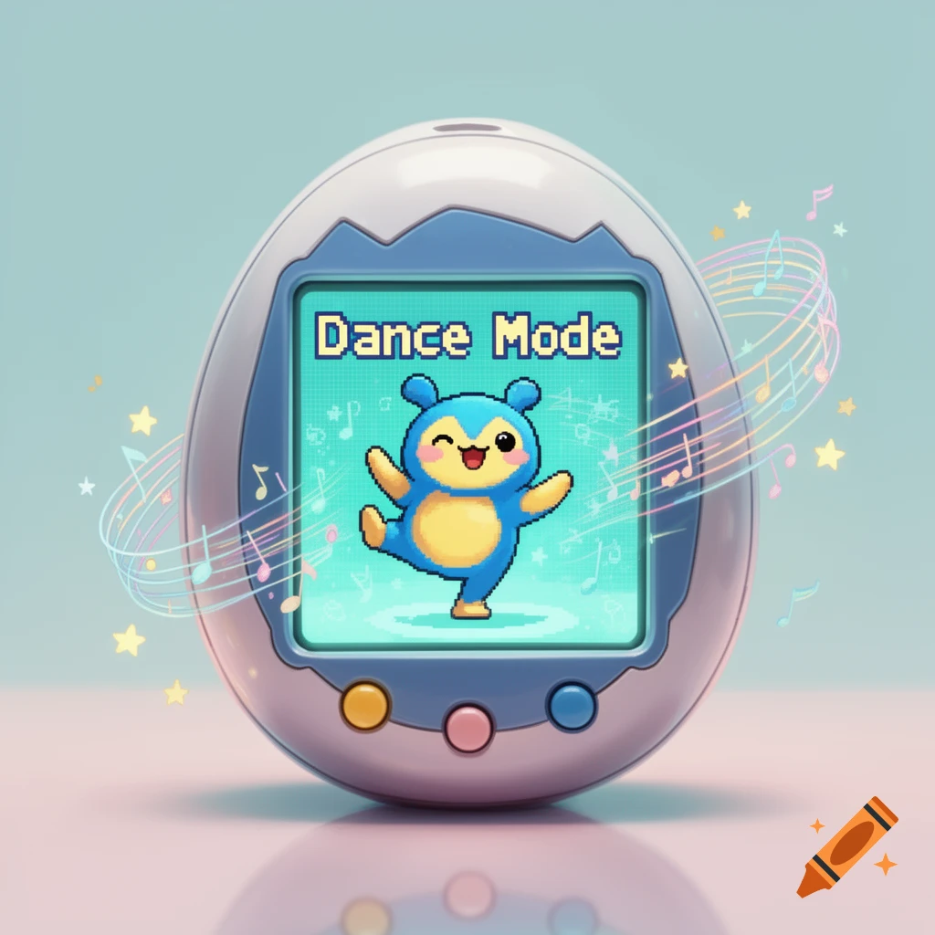 A white and blue virtual pet device displays a pixelated blue cartoon character winking and dancing, with 'Dance Mode' on the screen, surrounded by musical notes and stars.