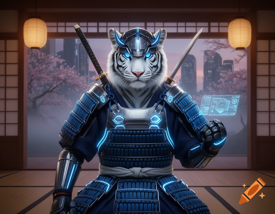 A majestic white tiger in futuristic blue samurai armor with glowing accents and a katana, standing in a Japanese room overlooking a city.