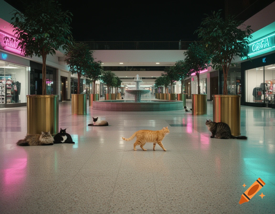 Photorealistic image of multiple cats in an empty 1990s shopping mall at night, with neon signs and a central fountain.