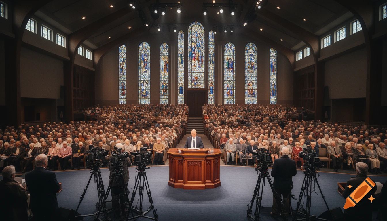 A man speaks from a podium to a vast elderly congregation in a large megachurch with stained glass windows, filmed by multiple cameras.