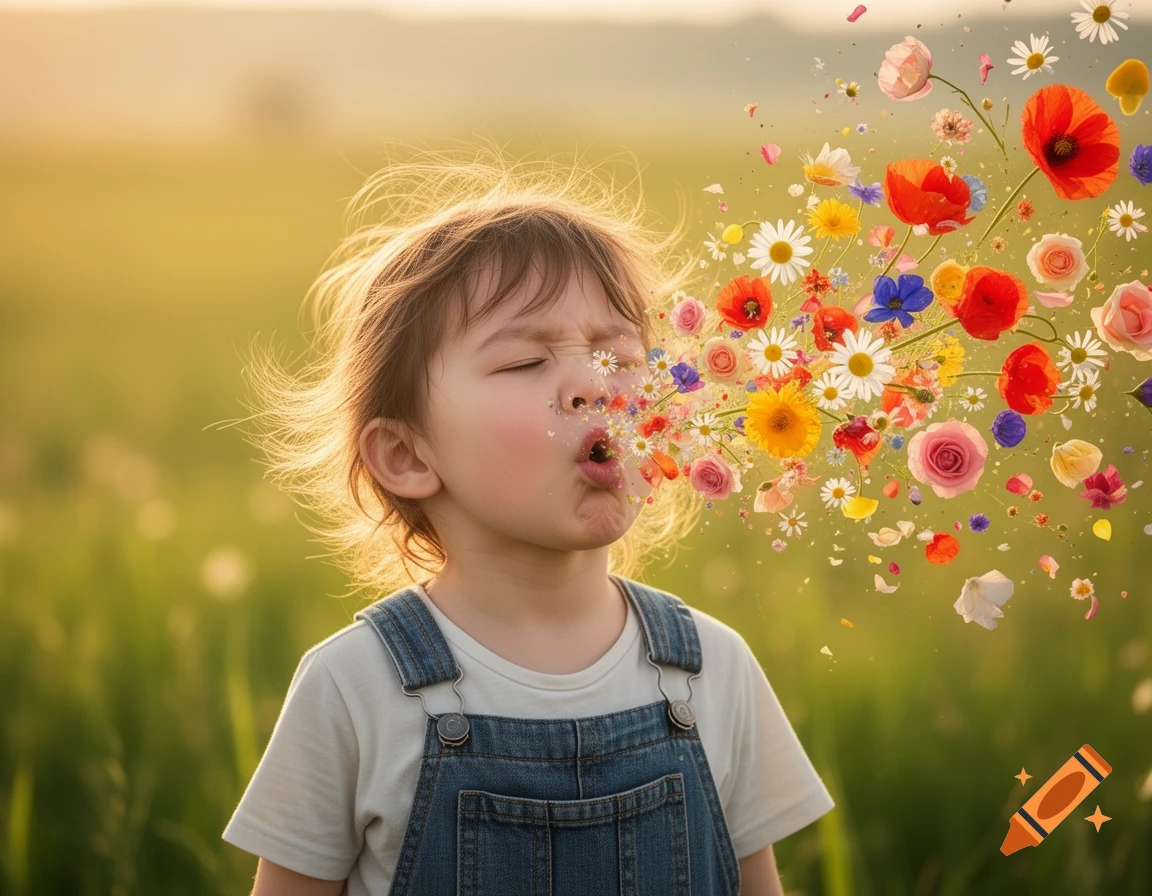 A young child, eyes closed, sneezes a vibrant burst of colorful flowers and petals in a sunlit field, photorealistic.