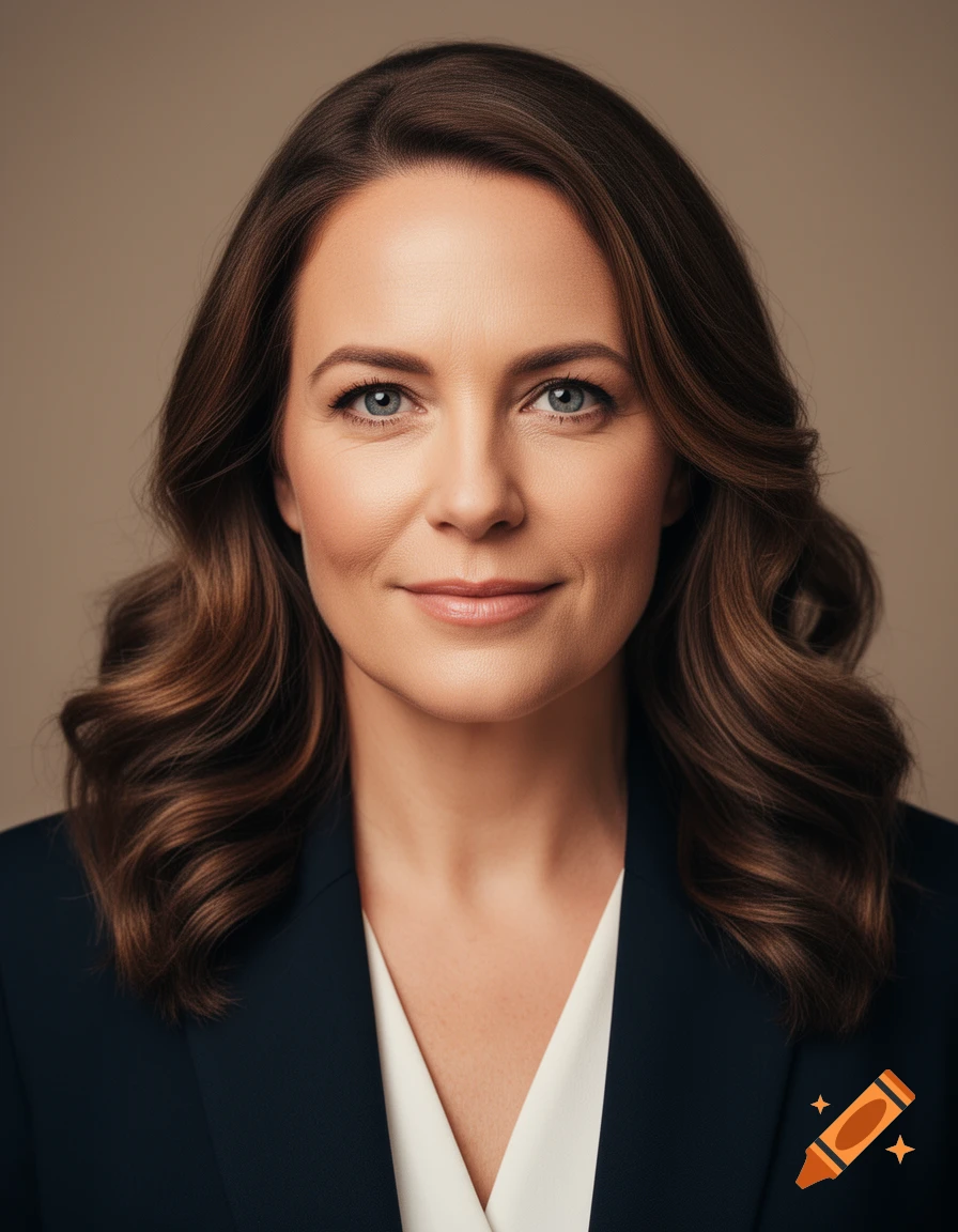 A professional headshot of a woman with long wavy brown hair, blue eyes, wearing a dark blazer and white shirt, against a light brown background.