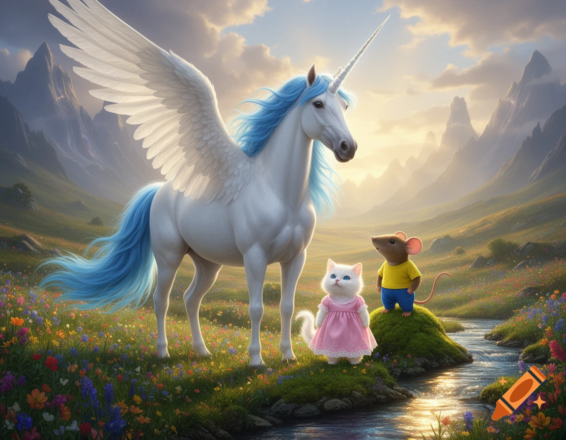 A white winged unicorn with blue mane and tail, a cat in a pink dress, and a mouse in clothes stand by a stream in a vibrant fantasy landscape.
