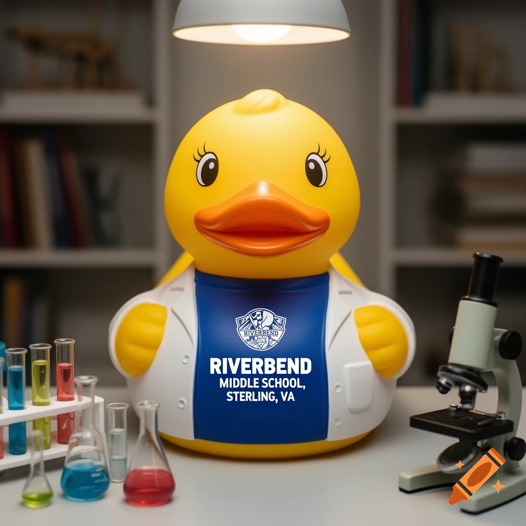 A yellow rubber duck wearing a white lab coat and a blue shirt with "Riverbend Middle School, Sterling, VA" text, in a science lab.