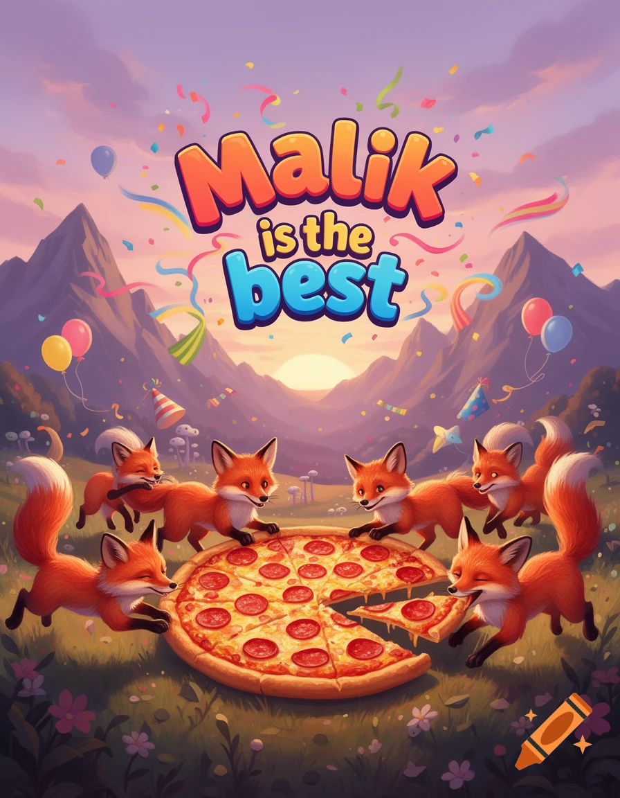 Cartoon illustration of foxes celebrating a pizza party in a mountain landscape at sunset, with text 'Malik is the best'.