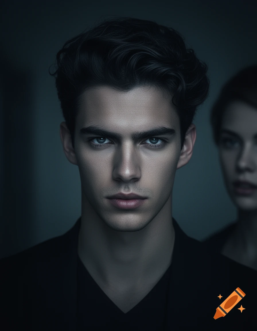 A serious man with dark hair and striking blue eyes looks directly at the viewer, with a blurred woman in the background.