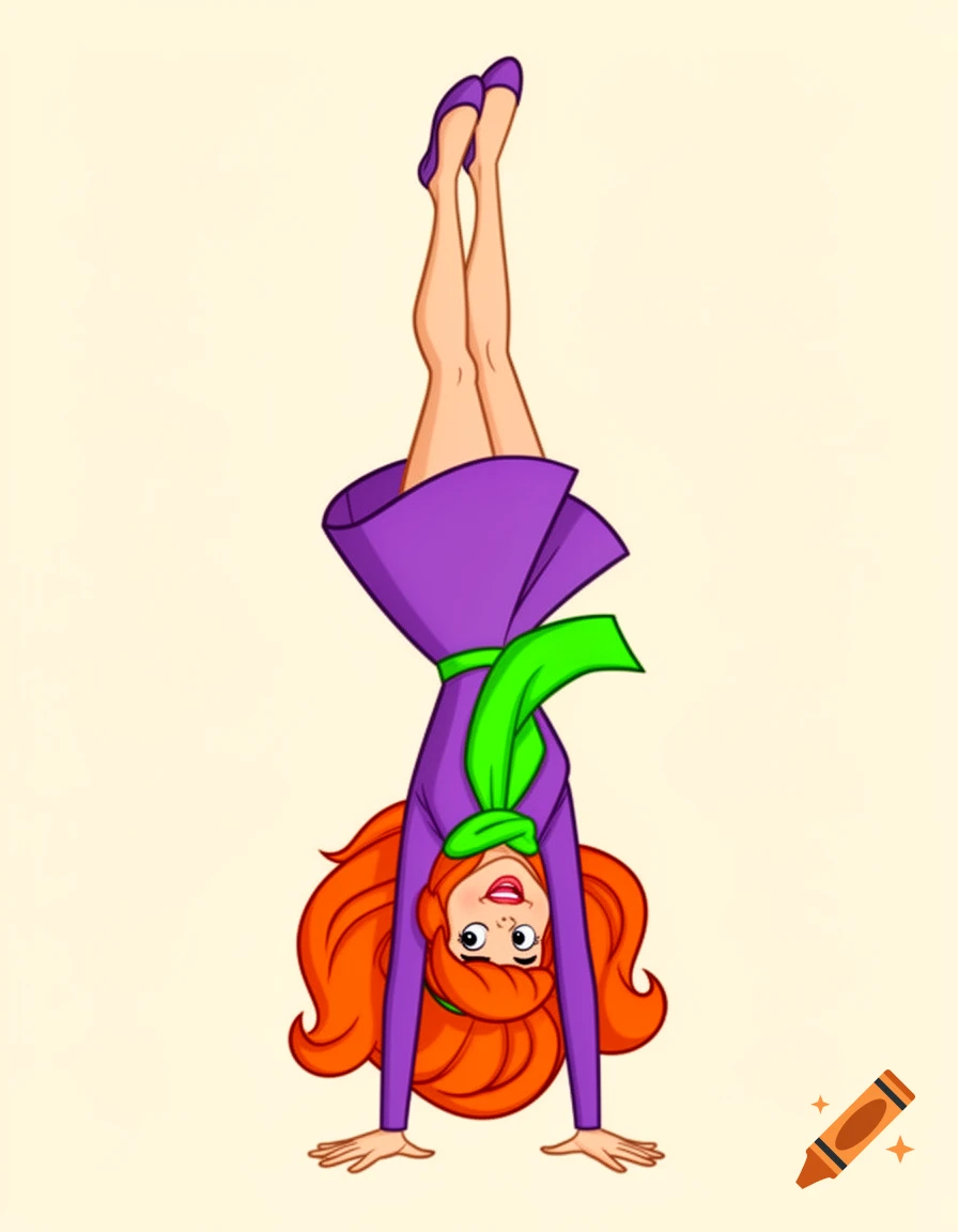 Daphne Blake from Scooby-Doo doing a handstand in a 2D cartoon style.