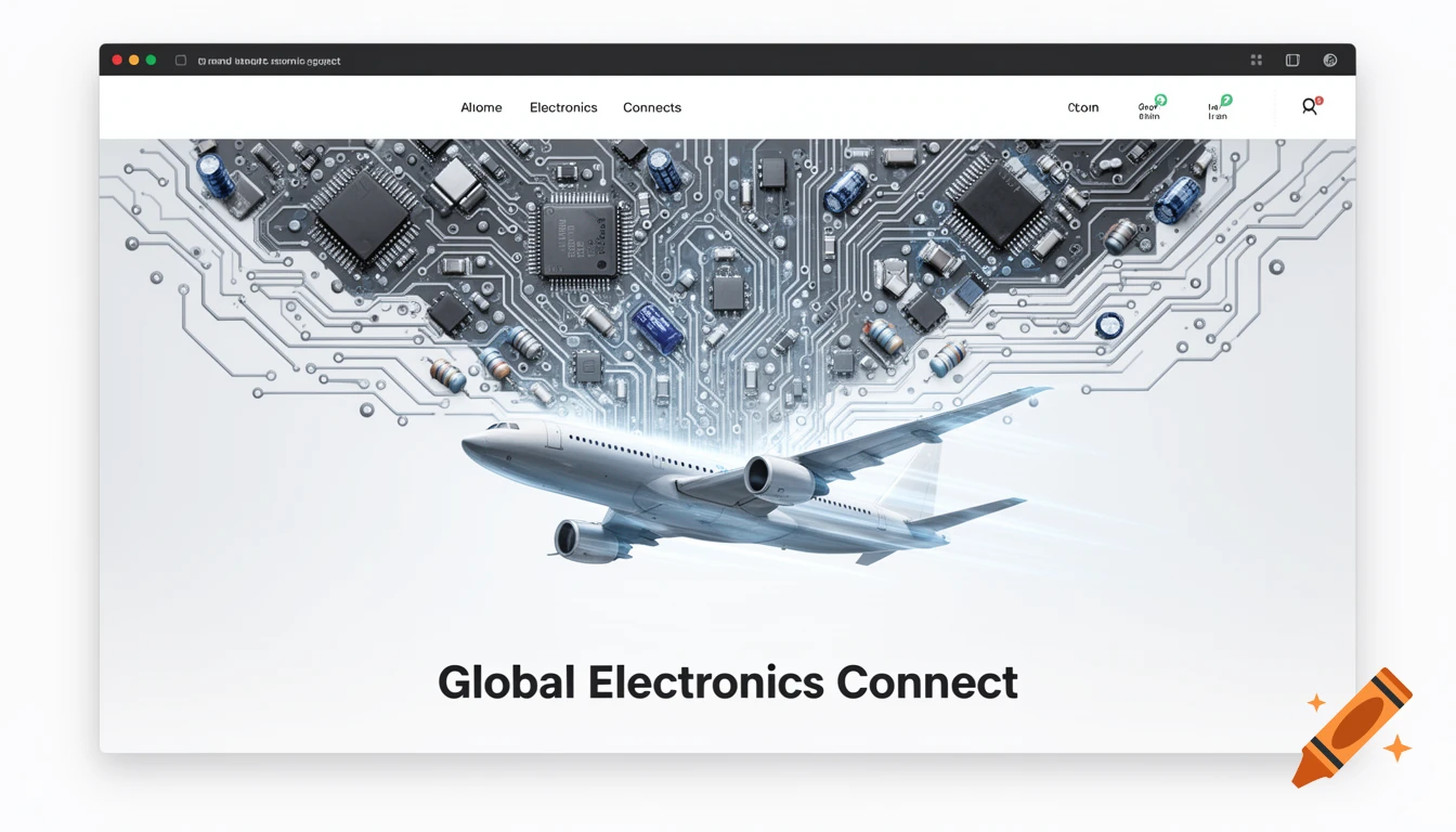 A website banner showing a circuit board at the top with an airplane flying across the middle, and the text "Global Electronics Connect" at the bottom.
