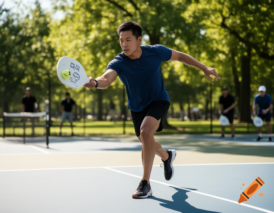 A man in athletic wear runs on a pickleball court, paddle raised to hit a ball, with other players in the background.