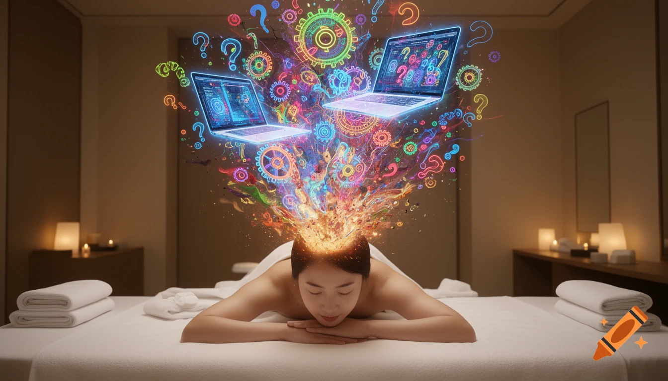 A person lies on a massage bed while colorful, glowing laptops, gears, and question marks explode from their head, blending relaxation with chaotic thoughts.