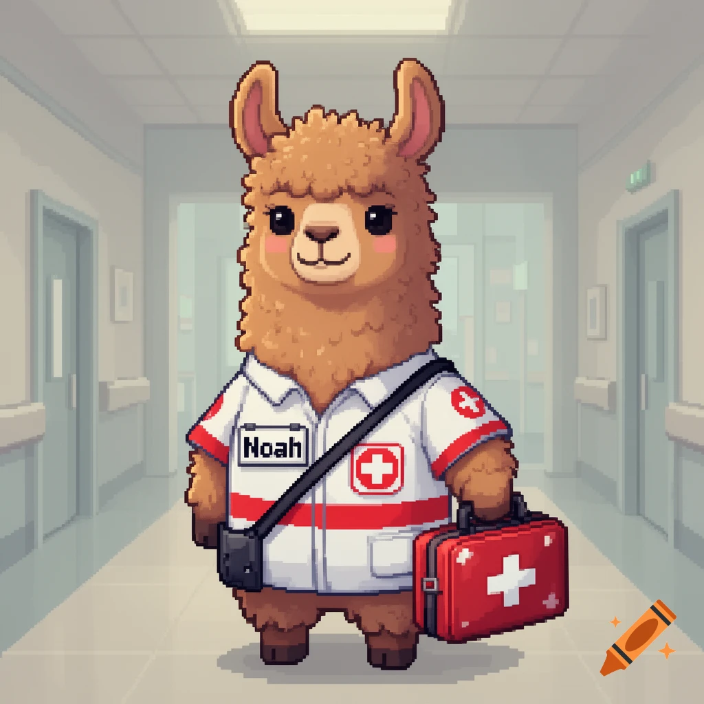 A cute pixel art llama dressed in an ambulance uniform with a 'Noah' name tag, holding a medical bag in a hospital hallway.