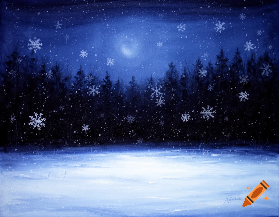 Acrylic painting of a snowy winter forest at night under a blue sky with falling snowflakes and a bright moon.