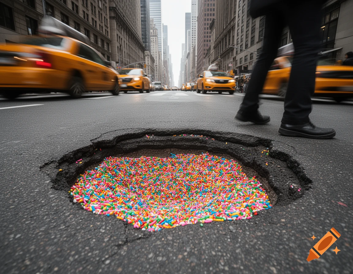 Photorealistic low-angle shot of a New York City street with a pothole filled with rainbow sprinkles, blurry taxis, and a pedestrian.