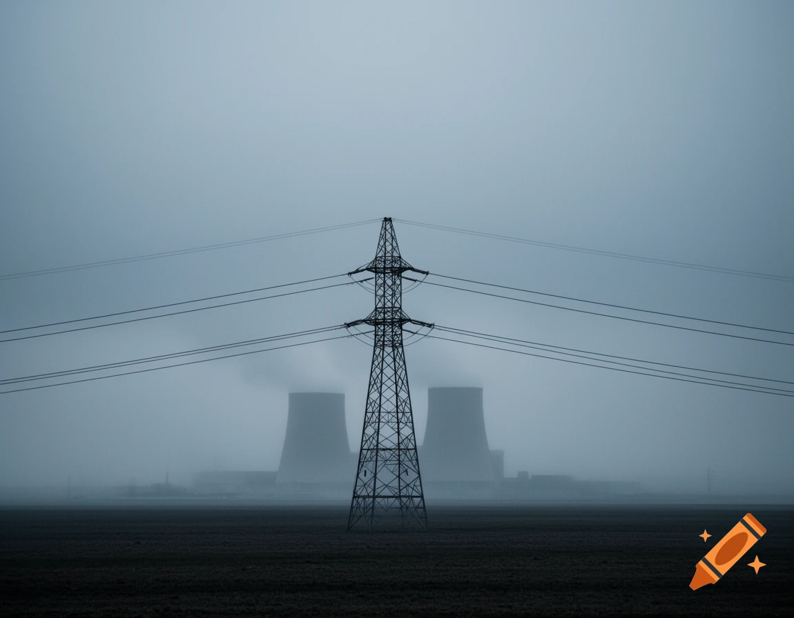 A power line pylon stands in a field, with two power plant cooling towers shrouded in mist in the background under a grey sky.
