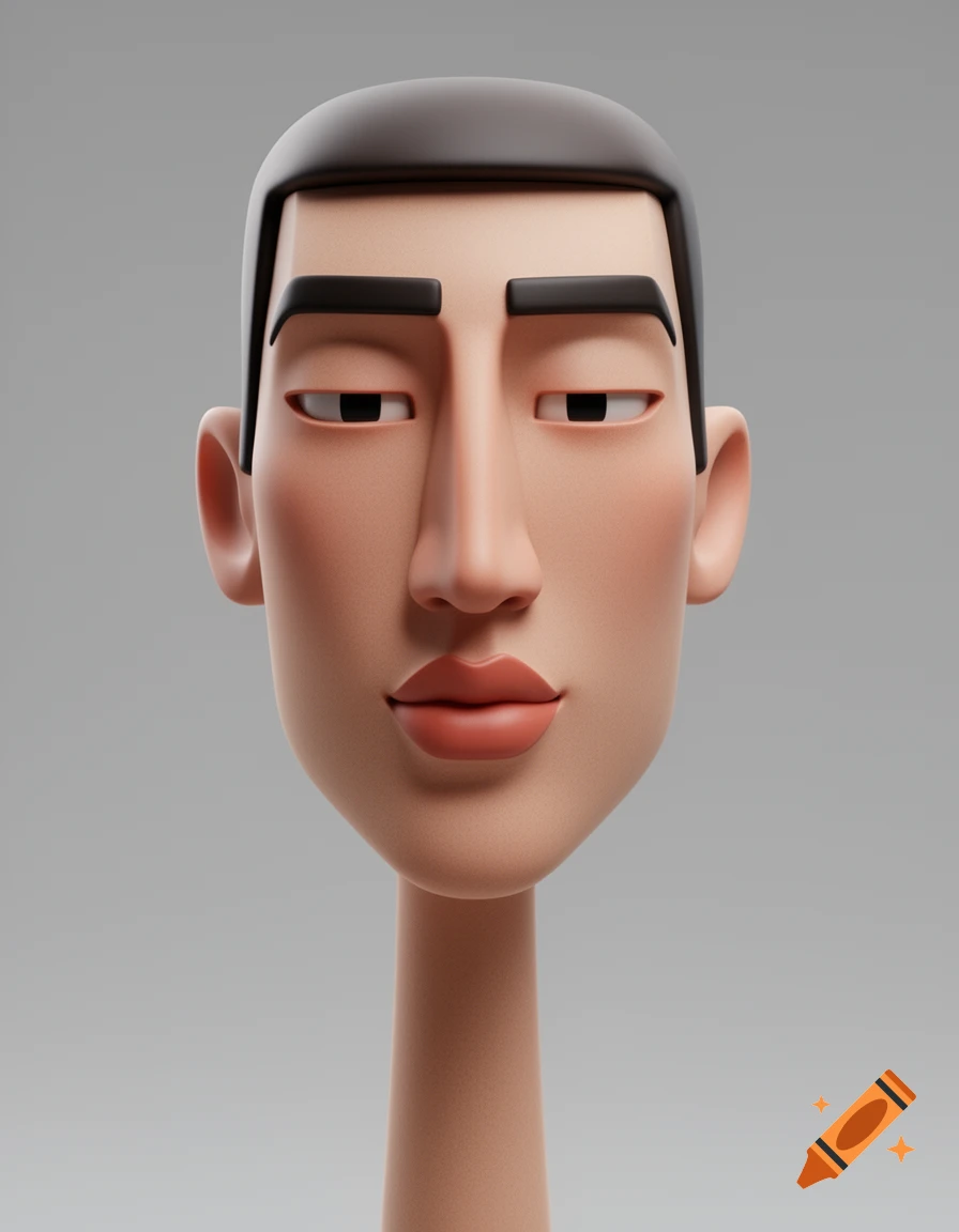 A geometric 3D illustration of a stylized male head with a large nose, narrow eyes, and defined lips on an elongated neck.