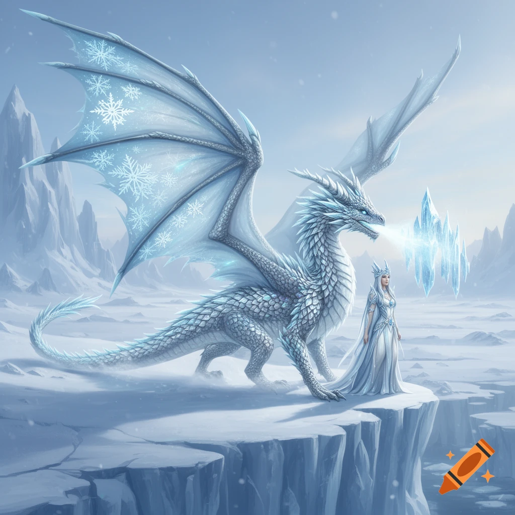 A majestic white and icy blue dragon breathes frost next to an ice queen on a snowy cliff in a fantasy landscape.