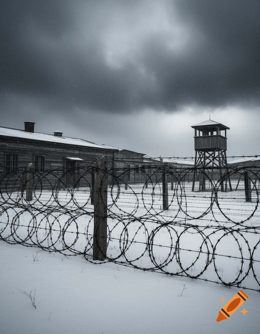Dramatic black and white image of a historic labor camp in winter with barbed wire fences and a distant watchtower under a dark sky.