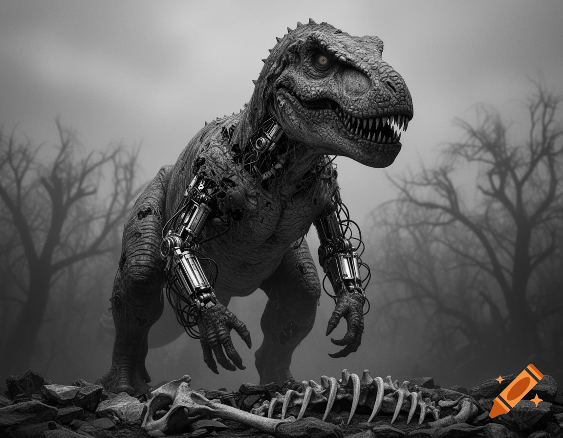 A grayscale image of a menacing robotic T-Rex with exposed mechanical parts, standing in a foggy, barren landscape with bones on the ground.