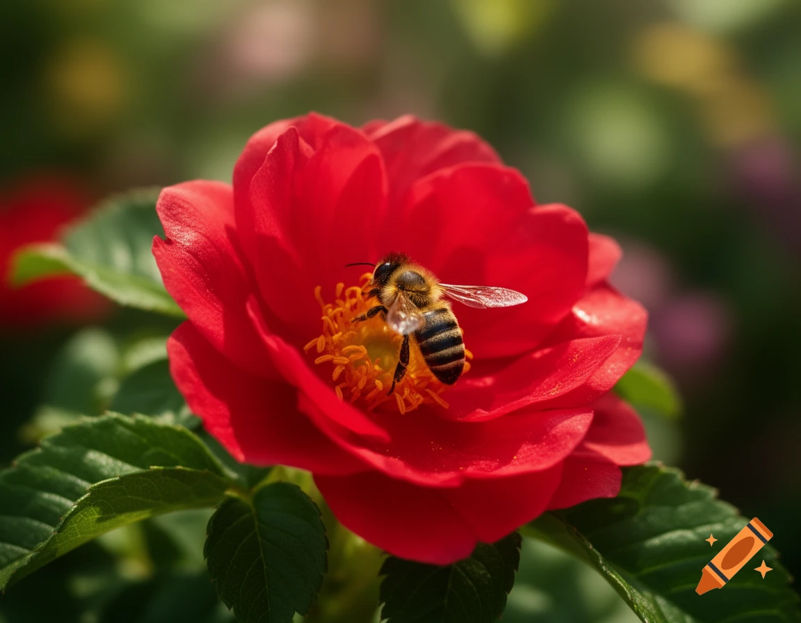 Close-up photorealistic image of a bee on a vibrant red flower.