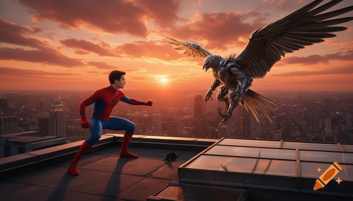 Photorealistic image of Spider-Man crouching on a rooftop, confronting a metallic Vulture creature against a vibrant sunset over a city.