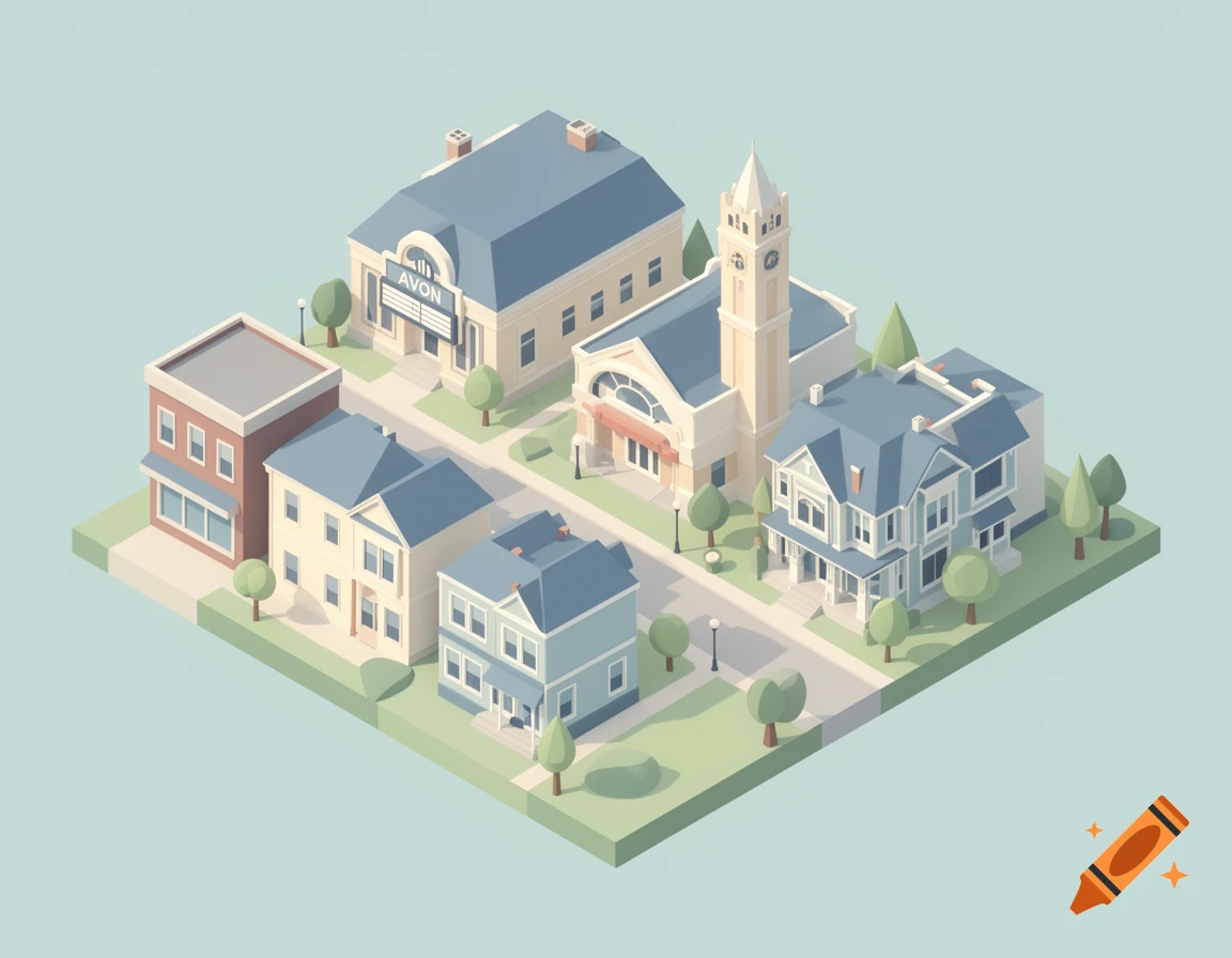 Isometric drawing of a small town block featuring a theatre, church, and houses, with streets and trees.