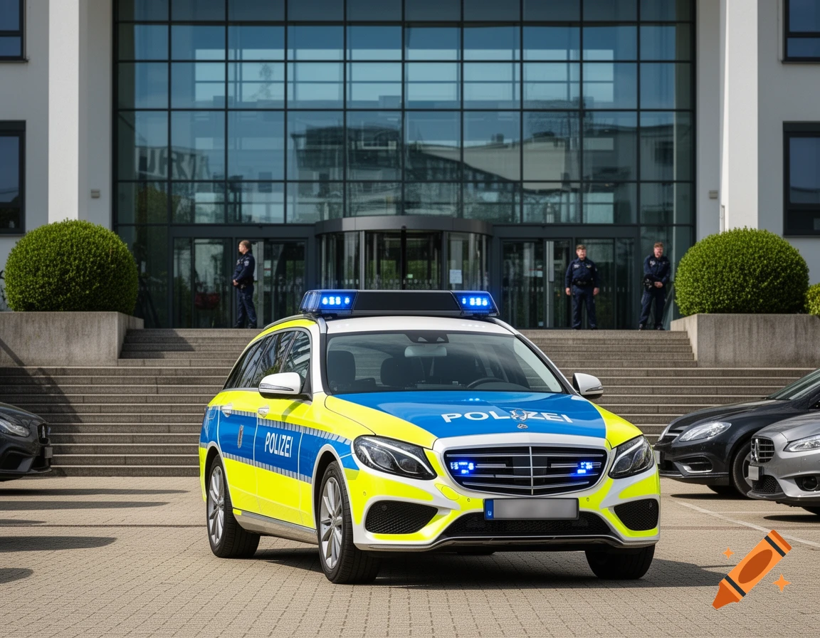 A bright blue and yellow German police patrol car is parked in front of a modern glass building, with three police officers on steps.